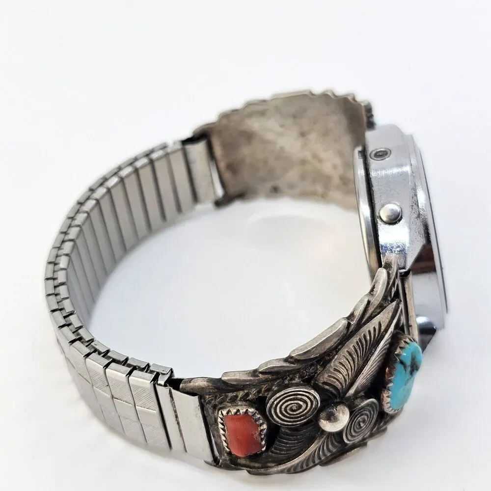VTG Navajo Sterling Silver Flower Coral Turquoise Band‎ CrownTec Digital Watch